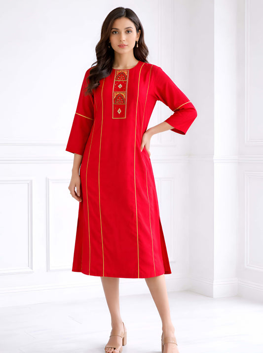 RED MACHINE EMBROIDED STRAIGHT CUT TUNIC